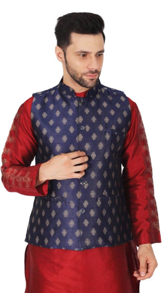 Mayawye Men's Jacquard Self-Design Sleeveless Mandarin Neck Waistcoat (NavyBlue-Gold)