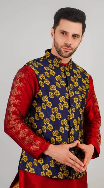 Mayawye Men's Jacquard Self-Design Sleeveless Mandarin Neck Waistcoat (Blue-Gold)