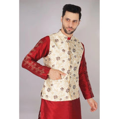Mayawye Men's Jacquard Self-Design Sleeveless Mandarin Neck Waistcoat (Cream)