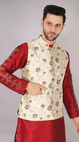 Mayawye Men's Jacquard Self-Design Sleeveless Mandarin Neck Waistcoat (Cream)