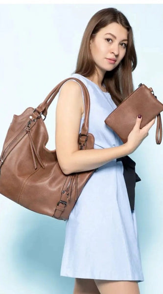 Mayawye Women's PU Leather Large Shoulder Zipper Handbag (Brown)