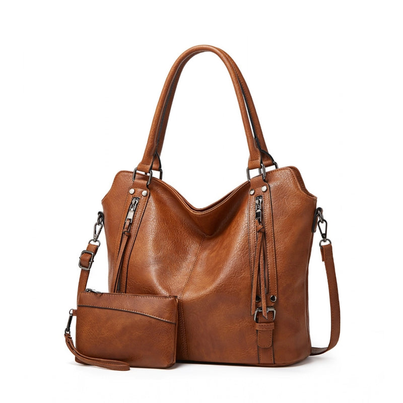 Mayawye Women's PU Leather Large Shoulder Zipper Handbag (Brown)