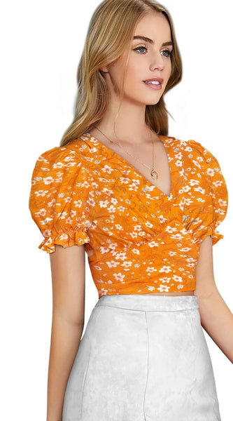 Mayawye Women's Knitting Printed V-Neck Puff Sleeve Tops (Yellow)