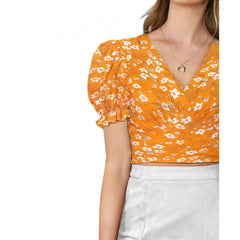 Mayawye Women's Knitting Printed V-Neck Puff Sleeve Tops (Yellow)