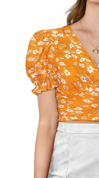 Mayawye Women's Knitting Printed V-Neck Puff Sleeve Tops (Yellow)
