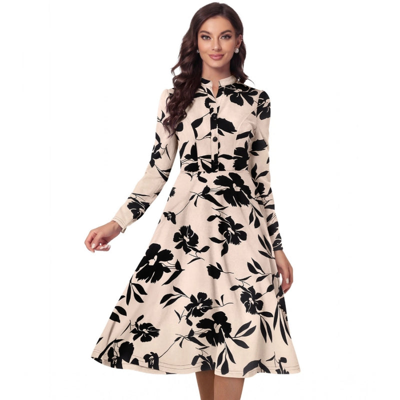 Mayawye Women's Knitting Printed V-Neck Full Sleeve Dress (Cream)