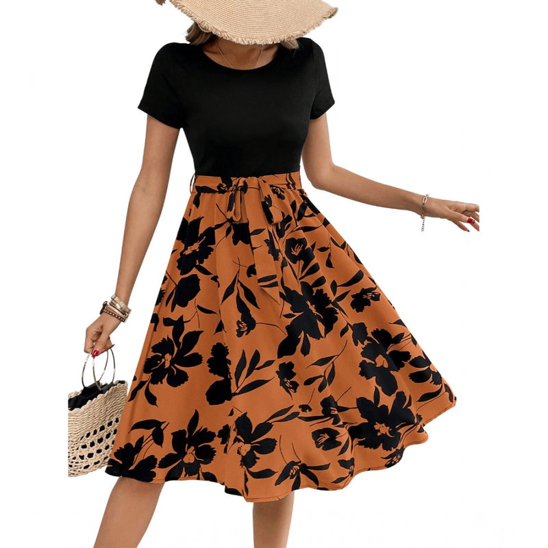 Mayawye Women's Knitting Printed Round Neck Short Sleeve Dress (Orange)