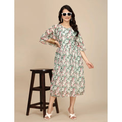 Mayawye Women's Georgette Printed Round Neck Short Sleeve Dress (Pink)