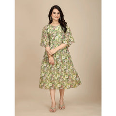 Mayawye Women's Georgette Printed Round Neck Short Sleeve Dress (Green)