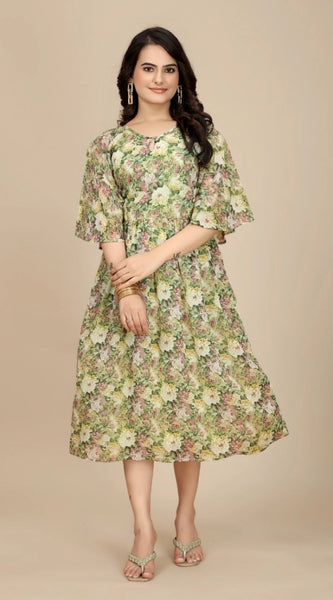 Mayawye Women's Georgette Printed Round Neck Short Sleeve Dress (Green)
