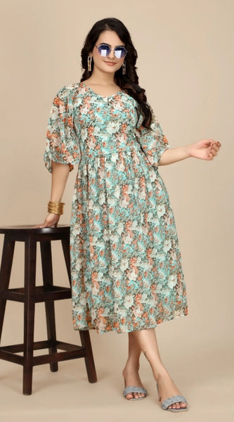 Mayawye Women's Georgette Printed Round Neck Short Sleeve Dress (Multicolor)