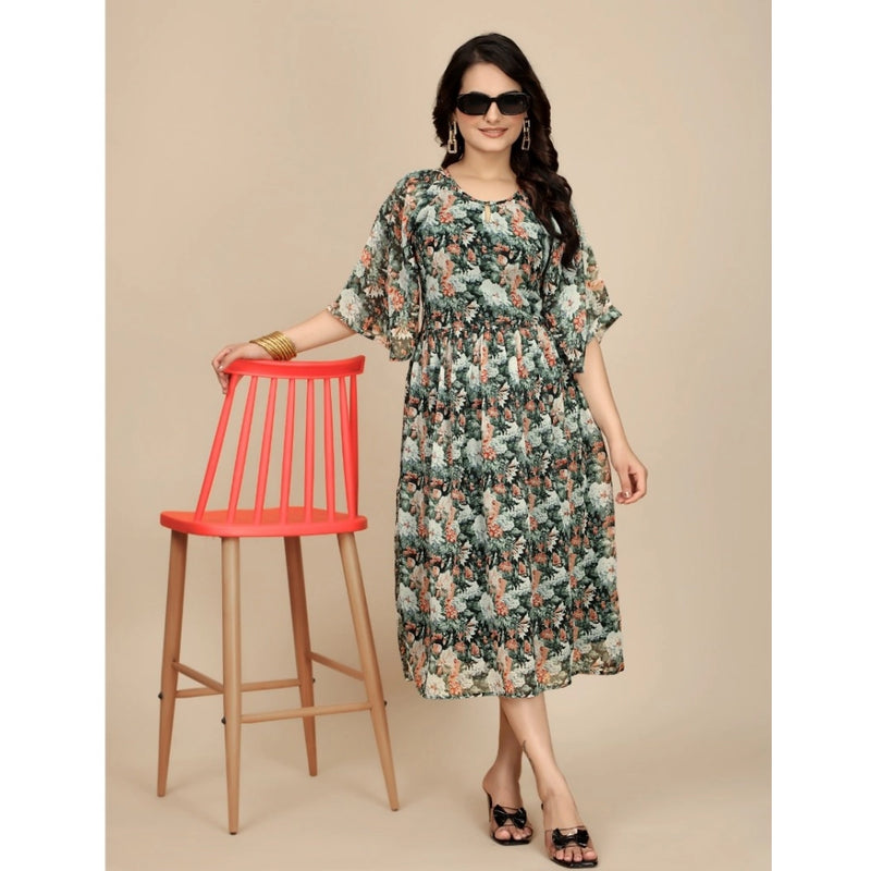 Mayawye Women's Georgette Printed Round Neck Short Sleeve Dress (Black)