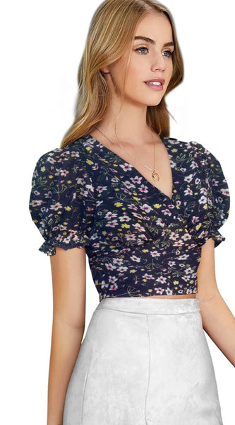 Mayawye Women's Knitting Printed V-Neck Puff Sleeve Tops (Navy Blue)