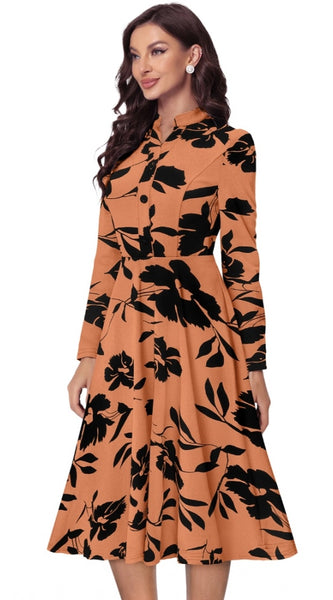 Mayawye Women's Knitting Printed V-Neck Full Sleeve Dress (Orange)