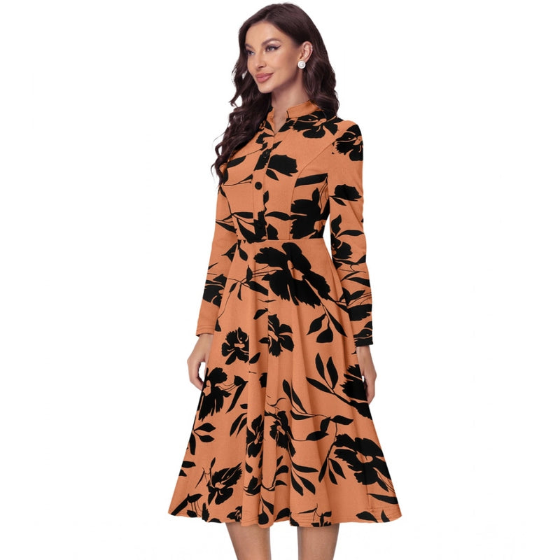 Mayawye Women's Knitting Printed V-Neck Full Sleeve Dress (Orange)