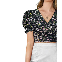 Mayawye Women's Knitting Printed V-Neck Puff Sleeve Tops (Black)