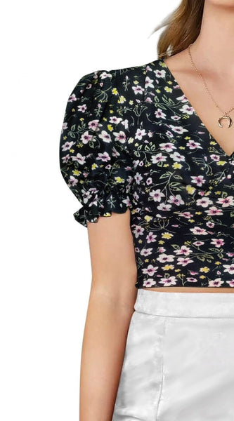 Mayawye Women's Knitting Printed V-Neck Puff Sleeve Tops (Black)