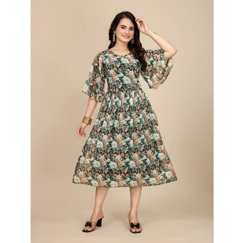 Mayawye Women's Georgette Printed Round Neck Short Sleeve Dress (Black)