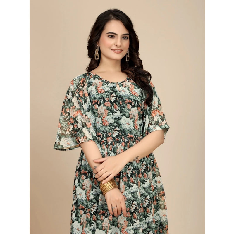 Mayawye Women's Georgette Printed Round Neck Short Sleeve Dress (Black)