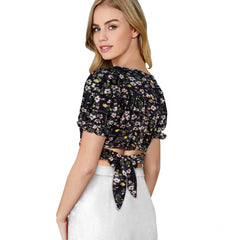 Mayawye Women's Knitting Printed V-Neck Puff Sleeve Tops (Black)