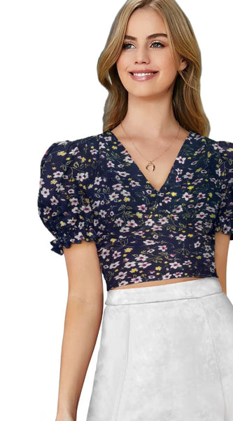 Mayawye Women's Knitting Printed V-Neck Puff Sleeve Tops (Navy Blue)