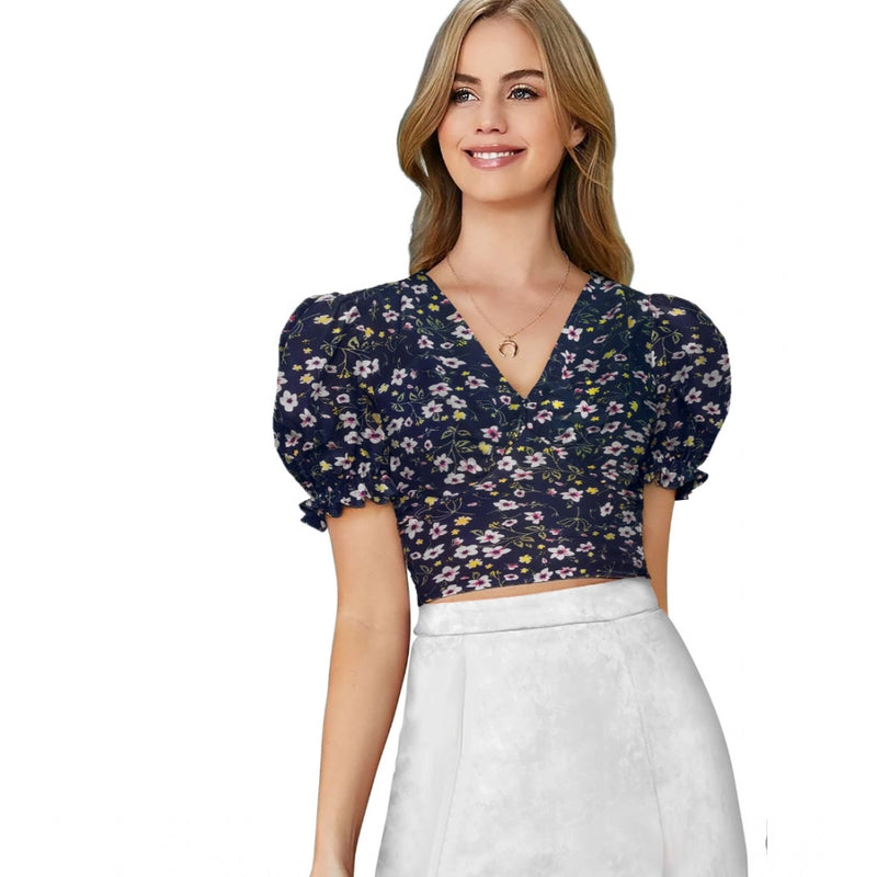 Mayawye Women's Knitting Printed V-Neck Puff Sleeve Tops (Navy Blue)