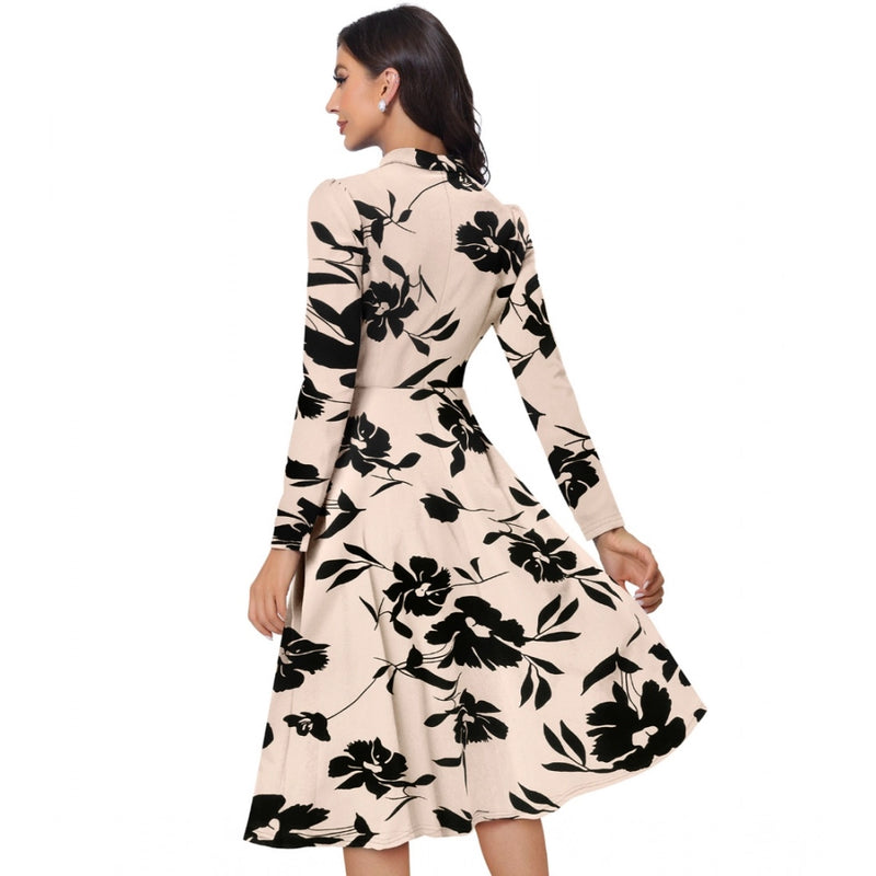 Mayawye Women's Knitting Printed V-Neck Full Sleeve Dress (Cream)