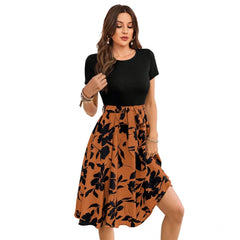 Mayawye Women's Knitting Printed Round Neck Short Sleeve Dress (Orange)