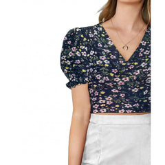 Mayawye Women's Knitting Printed V-Neck Puff Sleeve Tops (Navy Blue)
