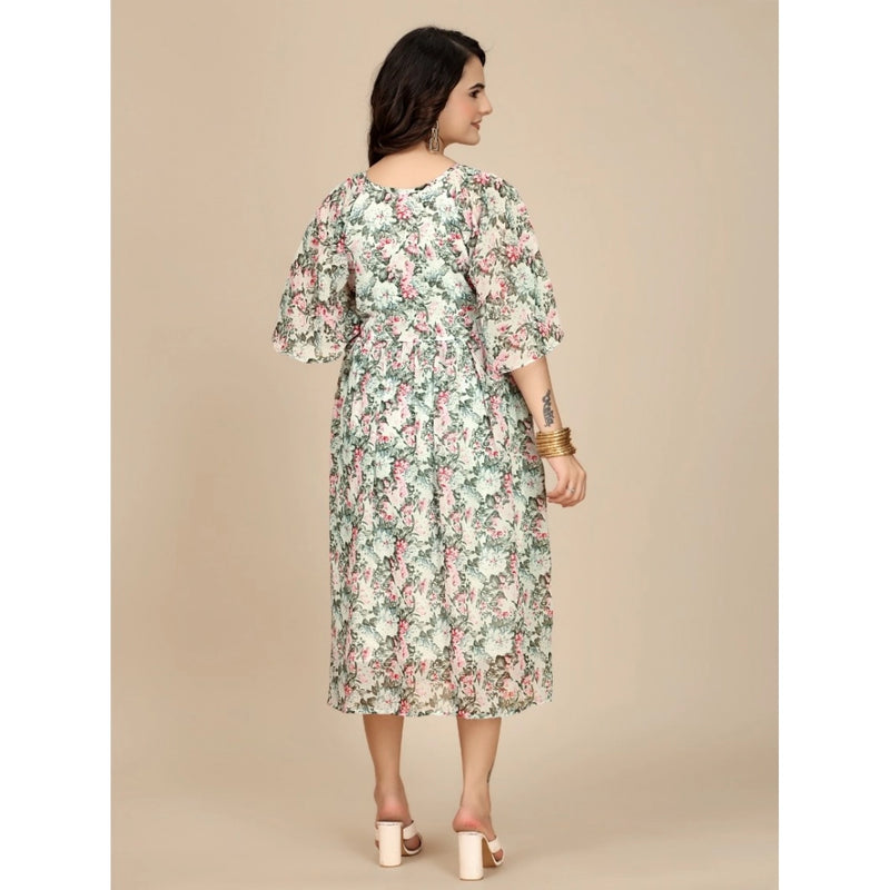 Mayawye Women's Georgette Printed Round Neck Short Sleeve Dress (Pink)