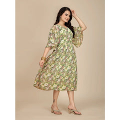 Mayawye Women's Georgette Printed Round Neck Short Sleeve Dress (Green)