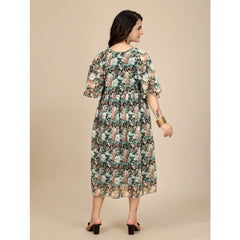 Mayawye Women's Georgette Printed Round Neck Short Sleeve Dress (Black)