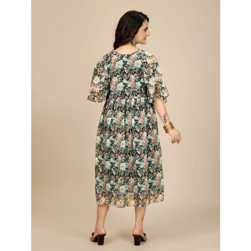 Mayawye Women's Georgette Printed Round Neck Short Sleeve Dress (Black)