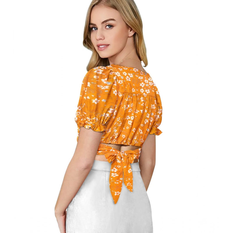 Mayawye Women's Knitting Printed V-Neck Puff Sleeve Tops (Yellow)