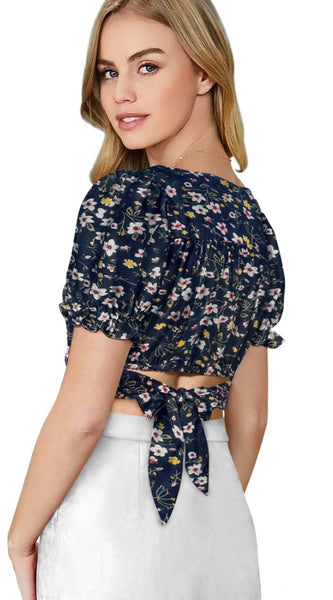 Mayawye Women's Knitting Printed V-Neck Puff Sleeve Tops (Navy Blue)