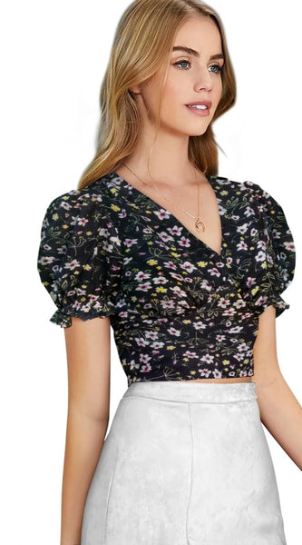 Mayawye Women's Knitting Printed V-Neck Puff Sleeve Tops (Black)