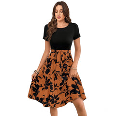 Mayawye Women's Knitting Printed Round Neck Short Sleeve Dress (Orange)
