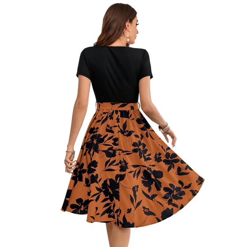Mayawye Women's Knitting Printed Round Neck Short Sleeve Dress (Orange)