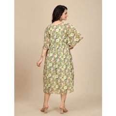 Mayawye Women's Georgette Printed Round Neck Short Sleeve Dress (Green)