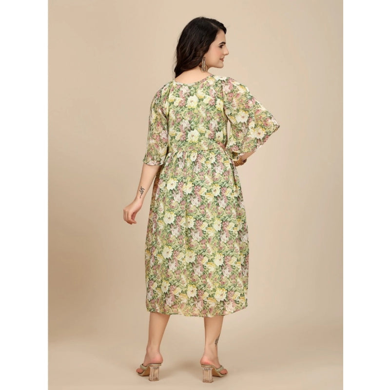 Mayawye Women's Georgette Printed Round Neck Short Sleeve Dress (Green)