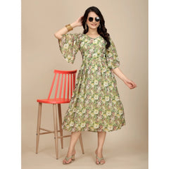 Mayawye Women's Georgette Printed Round Neck Short Sleeve Dress (Green)