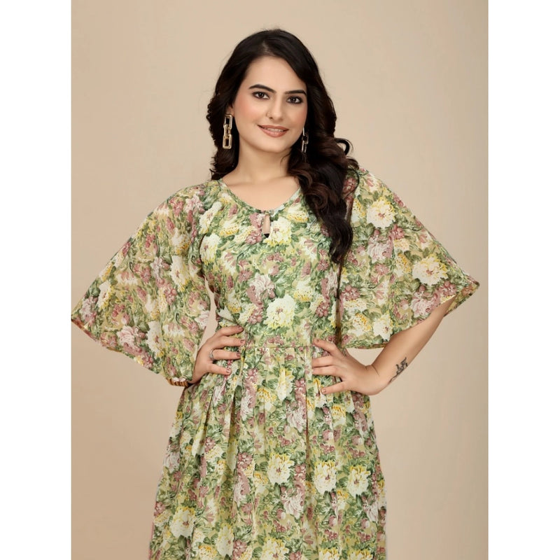 Mayawye Women's Georgette Printed Round Neck Short Sleeve Dress (Green)