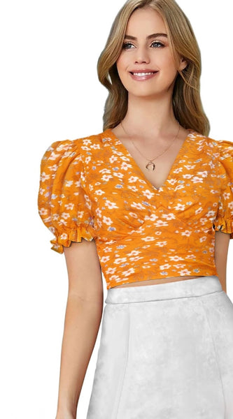 Mayawye Women's Knitting Printed V-Neck Puff Sleeve Tops (Yellow)