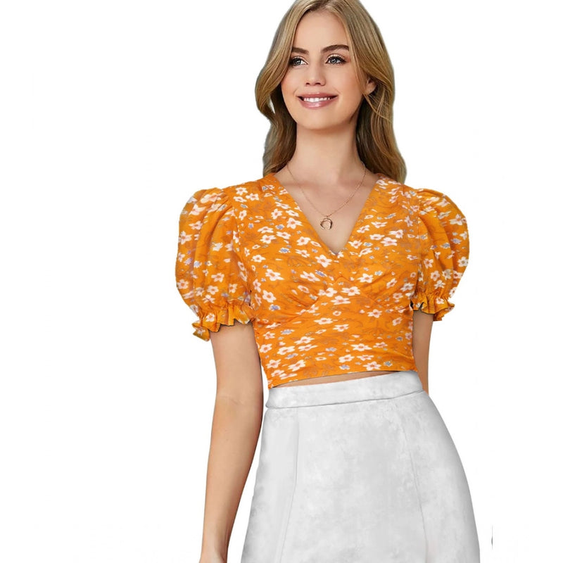 Mayawye Women's Knitting Printed V-Neck Puff Sleeve Tops (Yellow)