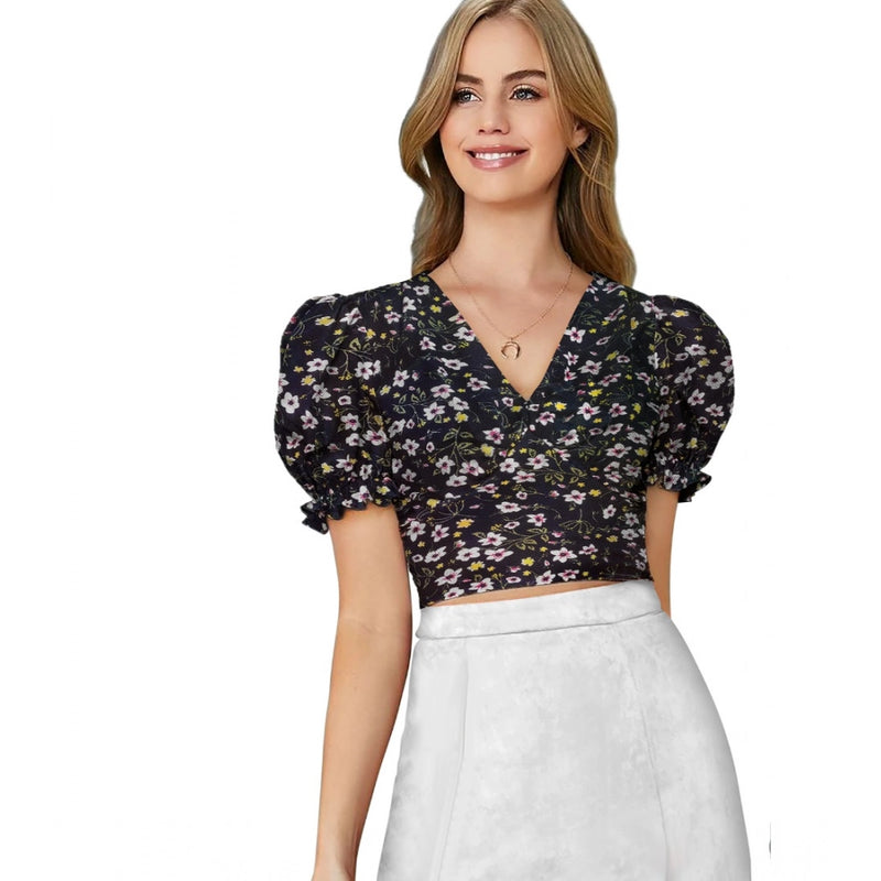 Mayawye Women's Knitting Printed V-Neck Puff Sleeve Tops (Black)
