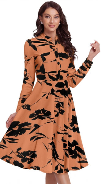 Mayawye Women's Knitting Printed V-Neck Full Sleeve Dress (Orange)