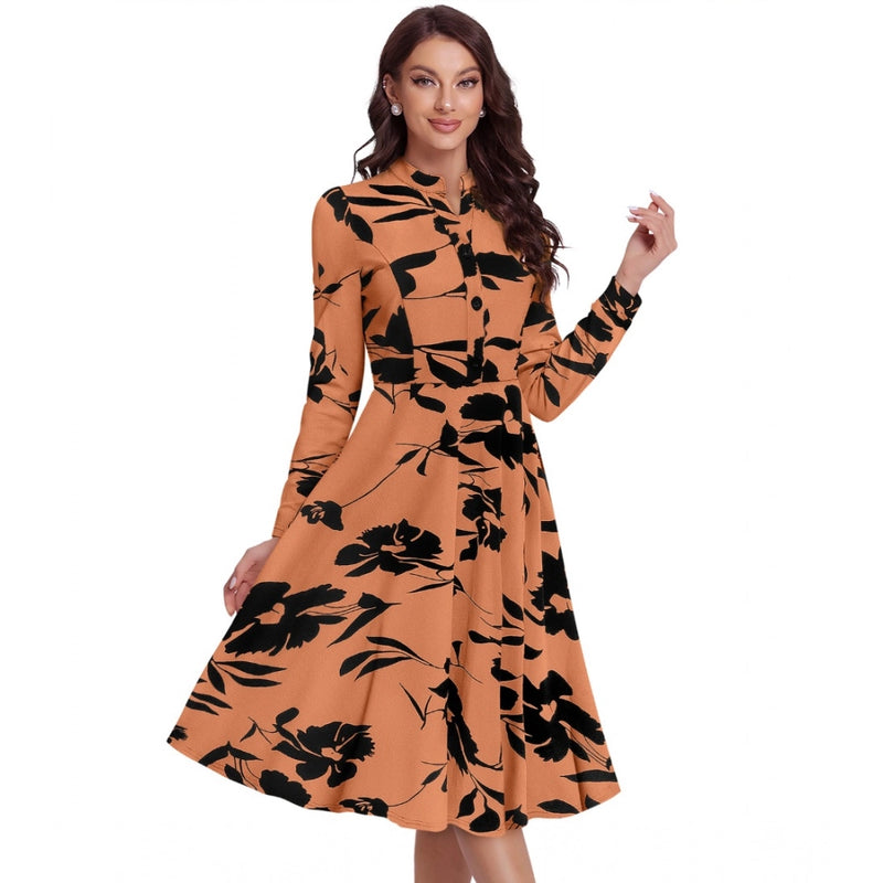 Mayawye Women's Knitting Printed V-Neck Full Sleeve Dress (Orange)