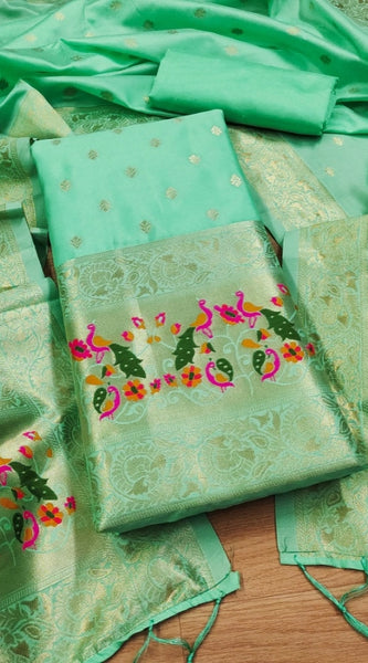 Mayawye Women's Banarasi Silk Printed Unstitched Salwar Suit Material With Dupatta (Seagreen, 3Mtrs)