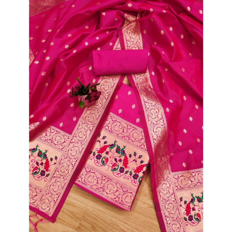Mayawye Women's Banarasi Silk Printed Unstitched Salwar Suit Material With Dupatta (Pink, 3Mtrs)