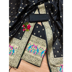 Mayawye Women's Banarasi Silk Printed Unstitched Salwar Suit Material With Dupatta (Black, 3Mtrs)